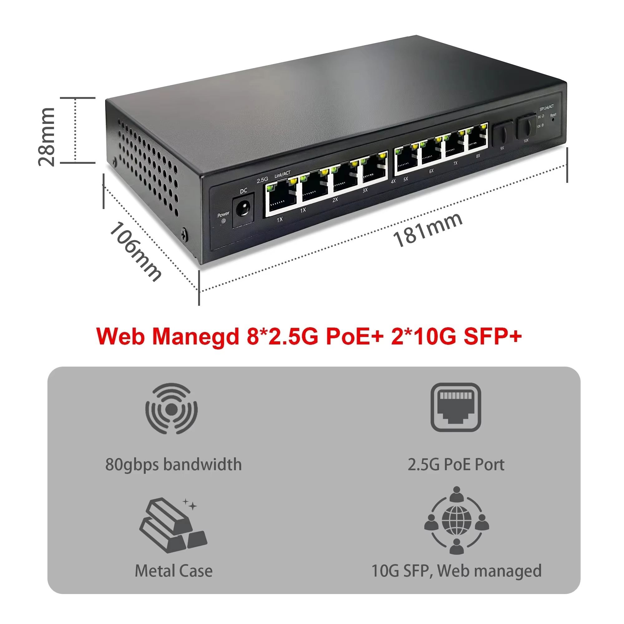 Sfp+ 10G Managed Switch 8 Port - 2.5G Akıllı Web Yönetilebilir PoE Anahtarı,